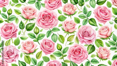 Pink roses seamless pattern with delicate petals and green leaves, romantic, background, texture, floral, elegance