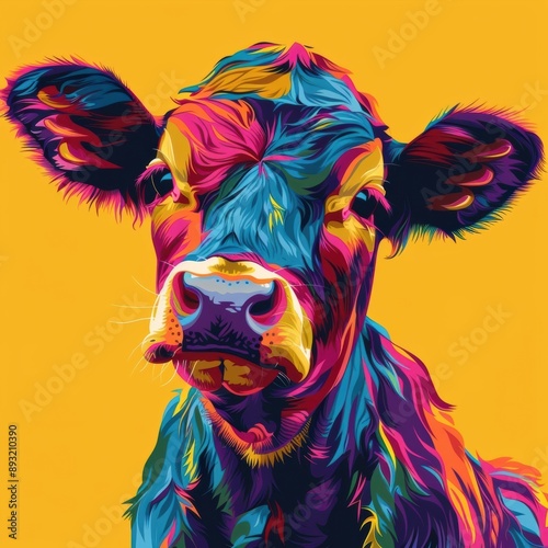 Vibrant pop art portrait of a cow in bold, multicolored hues against a bright yellow background, expressing vivid creativity and modern art style. photo