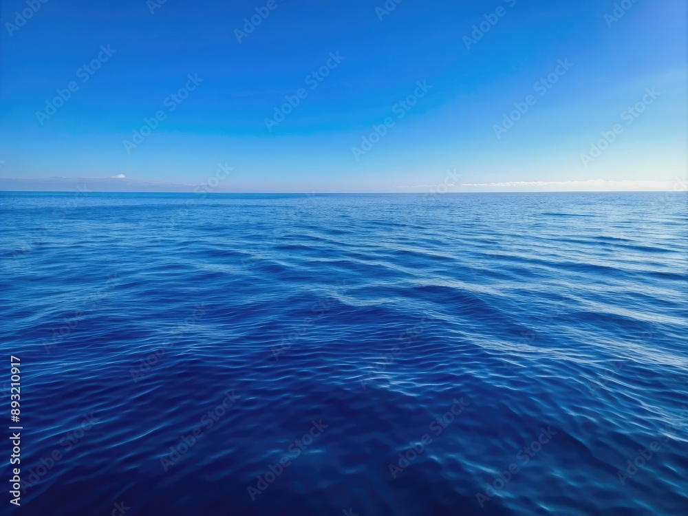 Calming ocean scenery with vast expanse of deep navy blue water stretching to the horizon, meeting the cloudless sky at a precise angular silhouette. Calming ocean scenery with vast expanse of deep navy blue water stretching to the horizon, meeting the cloudless sky at a precise angular silhouette.