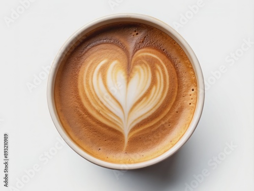 Frothy milk forms a perfect heart shape above a rich brown espresso in a disposable paper cup, standing out against a crisp white background.