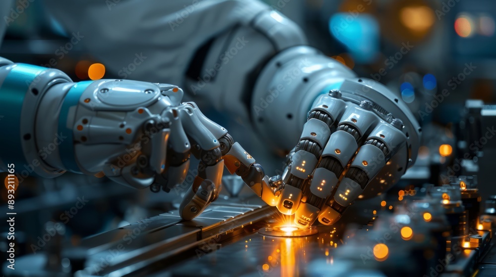 Fototapeta premium A robotic arm with multiple joints and sensors carefully manipulates a small object on a metal surface