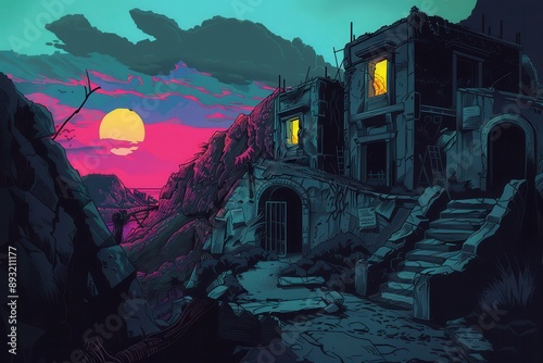 Mysterious dilapidated building ruins in postapocalyptic landscape with vibrant sunset photo