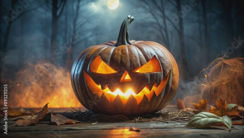 Spooky carved pumpkin lantern with eerie glowing eyes and wicked smile, set against a dark and ominous background, radiating an otherworldly ambiance. photo