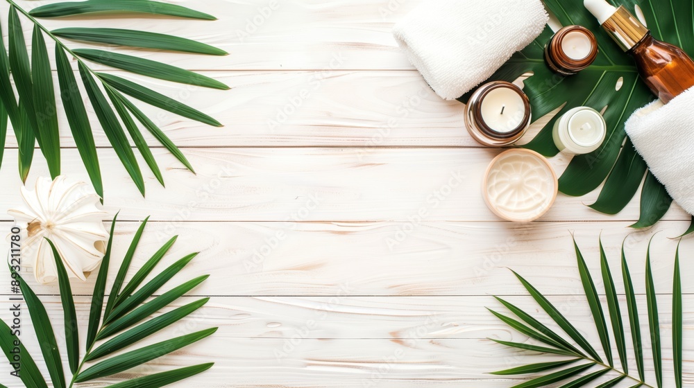 Spa products on a white wooden background with green leaves, arranged in a flat lay style Spa products on a white wooden background with green leaves, arranged in a flat lay style