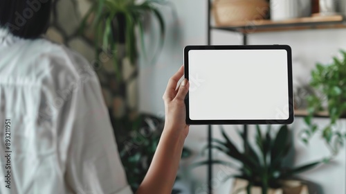 a mockup of a woman using a tablet computer with a white, blank desktop screen