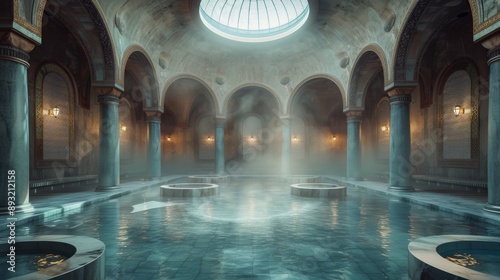 A Pool of Water in a Building With Columns and a Skylight Above It - Generative AI