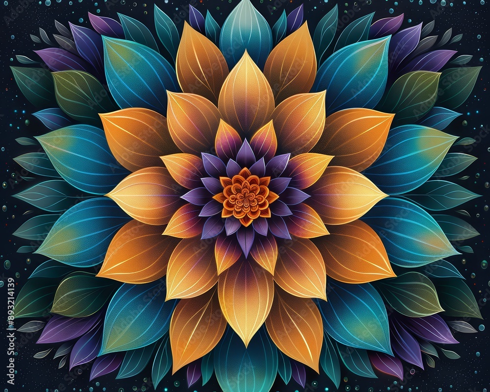 A colorful digital mandala art illustration with intricate floral patterns and vibrant gradient colors on a dark background.