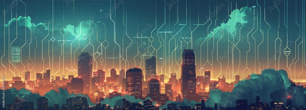 Fototapeta premium Futuristic Smart Cyber City illustration: Innovative Urban Landscape, futuristic technology and cyber punk concept, Graphic Resources, Wallpapers, Brochure, Websites, banner, Advertising, background
