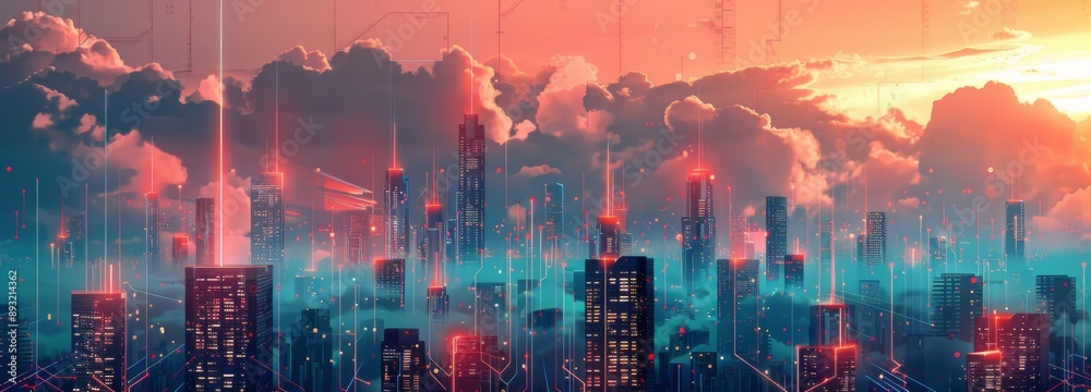 Obraz premium Futuristic Smart Cyber City illustration: Innovative Urban Landscape, futuristic technology and cyber punk concept, Graphic Resources, Wallpapers, Brochure, Websites, banner, Advertising, background