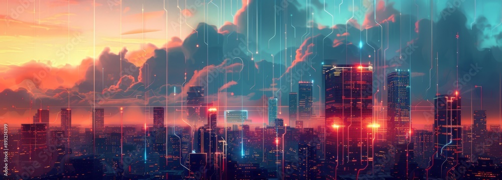 Obraz premium Futuristic Smart Cyber City illustration: Innovative Urban Landscape, futuristic technology and cyber punk concept, Graphic Resources, Wallpapers, Brochure, Websites, banner, Advertising, background