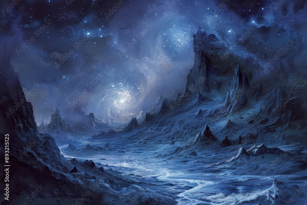 Mystical blue alien landscape with glowing moon and river Mystical blue alien landscape with glowing moon and river