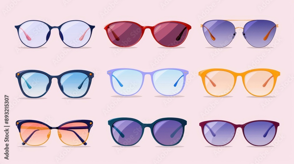 Diverse vector icons of glasses, sunglasses on white background. Different models depicted with unique silhouettes. Diverse vector icons of glasses, sunglasses on white background. Different models depicted with unique silhouettes.
