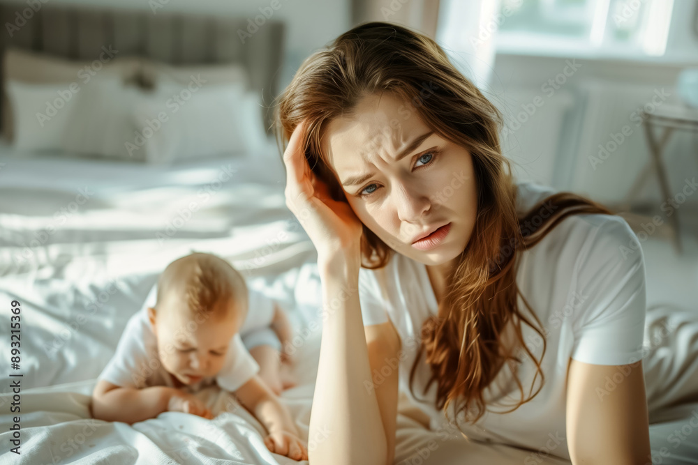 Painted in bright colors, a weary mother sits exhausted next to her peacefully sleeping baby, symbolizing the early challenges of motherhood Painted in bright colors, a weary mother sits exhausted next to her peacefully sleeping baby, symbolizing the early challenges of motherhood