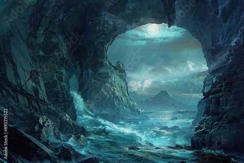 Dark moonlit stormy sea cave with crashing waves and rocks