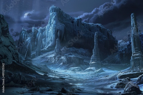 Mystical icy mountain landscape with ancient ruins under starry night sky