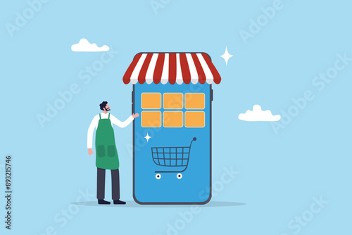 Online shop or e-commerce store, small business owner or entrepreneur shopkeeper, mobile website or app to purchasing product, retail digital shelf concept, young shopkeeper with online mobile store.