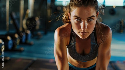 A woman doing interval training with a gym background during the afternoon with natural lighting, close-up shot photo