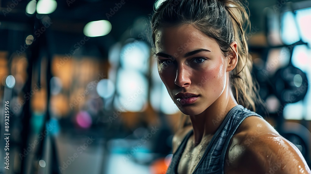A woman doing interval training with a gym background during the afternoon with natural lighting, close-up shot
