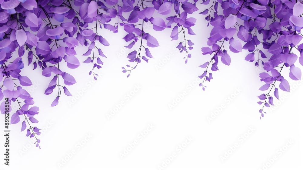 Delicate purple wisteria blooms cascade from a branch, creating a stunning display against a clean, white background.