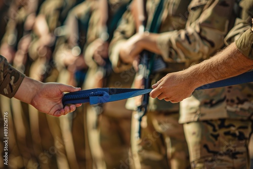 A group of Australian army soldiers standing in formation holding their rifles at attention. The soldier on the left is handing over his blue belt to another man wearing khaki pants and a beige shirt  photo