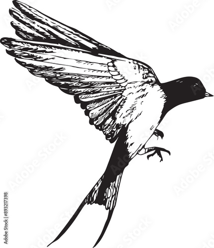 Hand drawn sketch doodle flying swallow