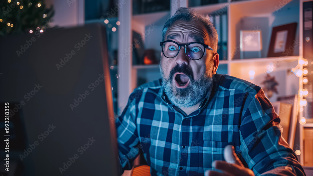 In a cozy, festively decorated space, a man appears surprised while working on a computer, surrounded by Christmas decorations and warm lights In a cozy, festively decorated space, a man appears surprised while working on a computer, surrounded by Christmas decorations and warm lights