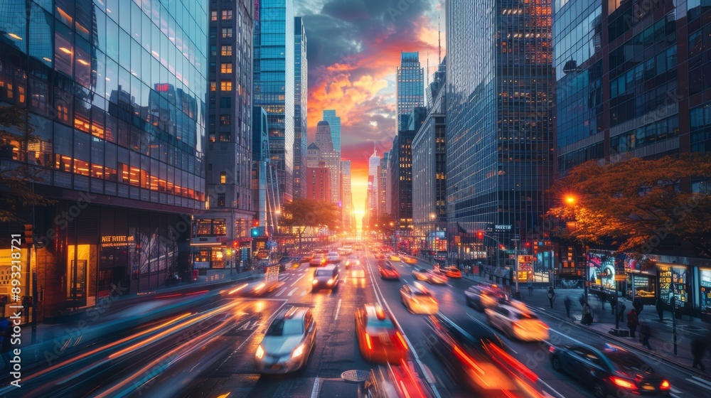 A City Street at Dusk With Many Cars and Buildings in the Foreground and a Bright Orange Sunset in the Background - Generative AI A City Street at Dusk With Many Cars and Buildings in the Foreground and a Bright Orange Sunset in the Background - Generative AI