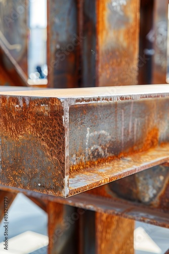 Close-up of steel beams and crossbeams, abstract art installation, rusted metal structure, on street background,  photo