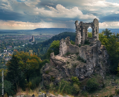 Photo of the ruins of la Hune, an old medieval castle on top of a high mountain in the Al Verydrisseur Valley near Colmar and Schmirach, surrounded by a beautiful landscape with a forest around it ove photo