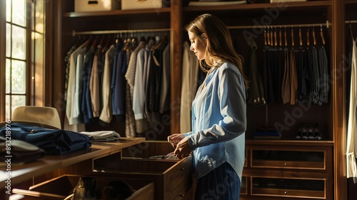A woman organizing a closet with a spacious wardrobe background during the morning with natural lighting, close-up shot