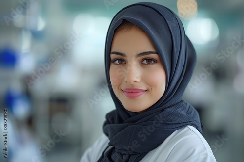 Smiling Woman Wearing Hijab in a Laboratory