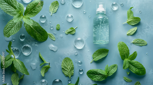 water drops on green leaf with serum bottle