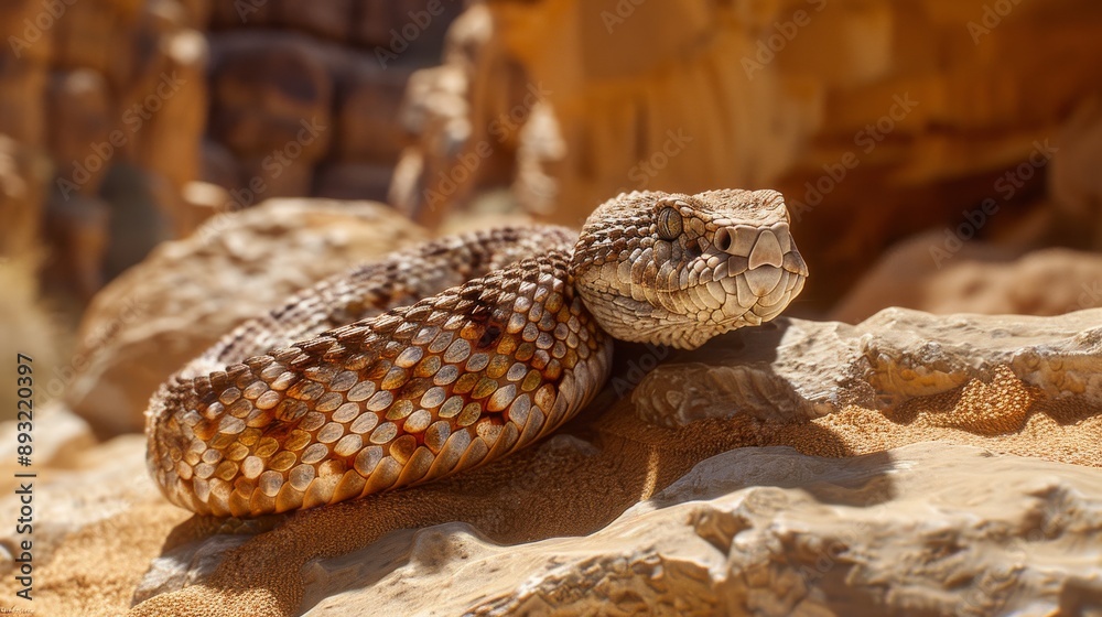 Fototapeta premium A Close up of a Rattlesnake Laying on a Rock in the Desert - Generative AI