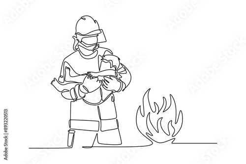 Firefighters with firefighting equipment concept. Single line draw design vector graphic illustration.
