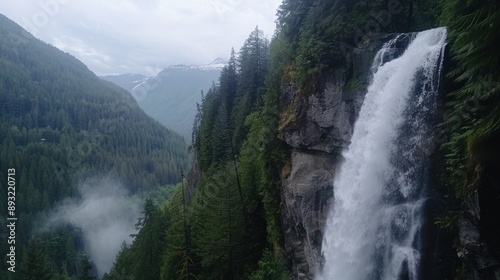 Majestic Waterfall in a Lush Mountain Valley