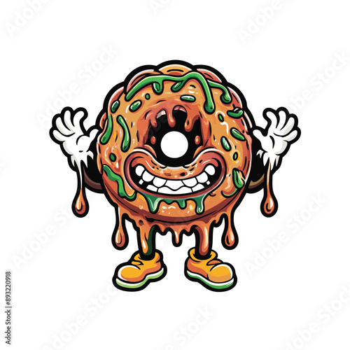 Create a vector illustration of a doughnut covered in green and orange icing, with a happy and mischievous expression, cartoon style.