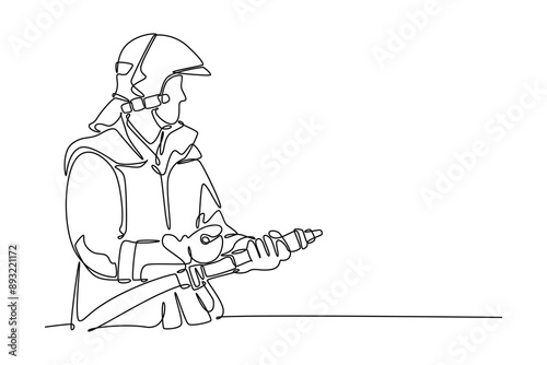 Firefighters with firefighting equipment concept. Single line draw design vector graphic illustration.