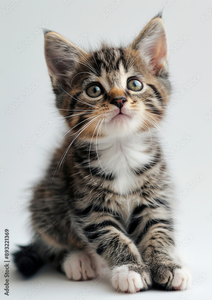 Obraz premium Adorable kitten purring, white background, International Cat Day, curious gaze, soft lighting,