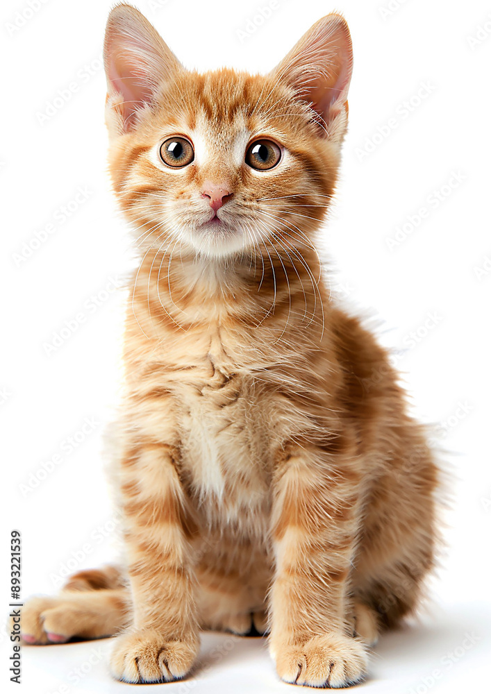 Obraz premium Orange tabby purring, white background, International Cat Day, playful eyes,