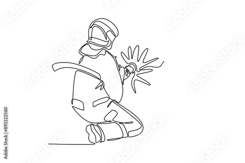 Firefighters with firefighting equipment concept. Single line draw design vector graphic illustration.