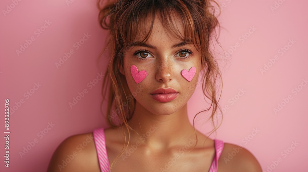 Portrait of woman in bra with pink ribbon painted on her chest on a pink background. world breast cancer day concept. Portrait of woman in bra with pink ribbon painted on her chest on a pink background. world breast cancer day concept.