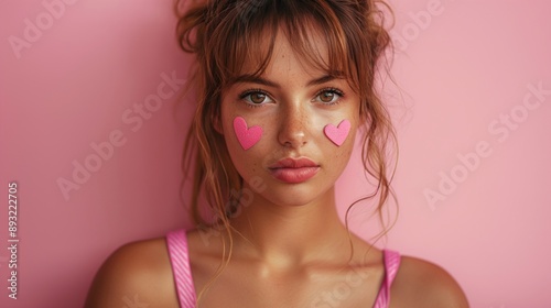 Wallpaper Mural Portrait of woman in bra with pink ribbon painted on her chest on a pink background. world breast cancer day concept.  Torontodigital.ca