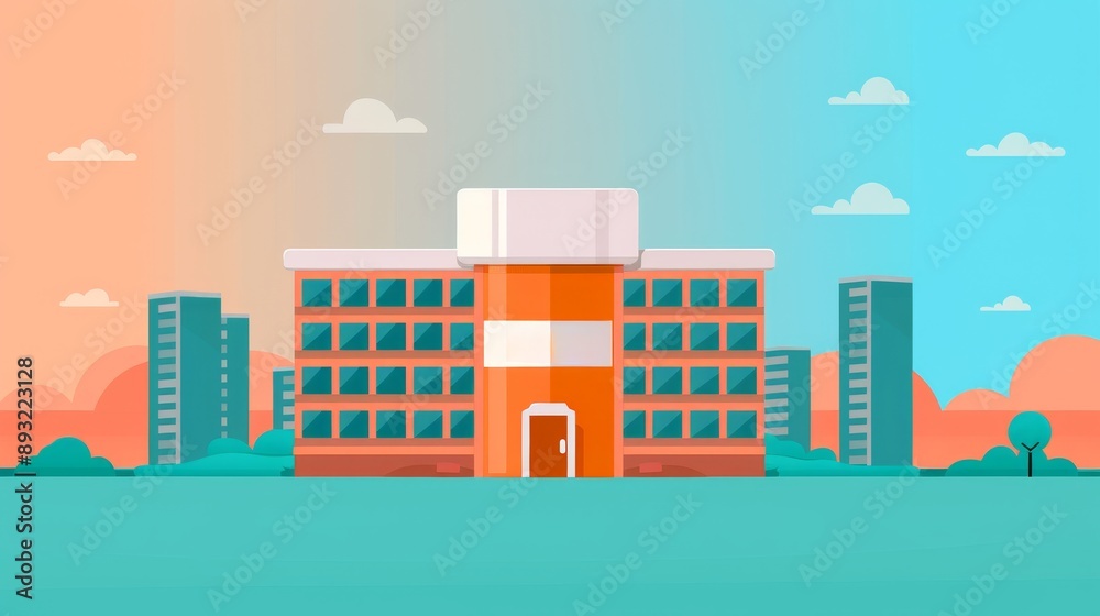 modern cityscape with pill-shaped building, healthcare and medical concept illustration