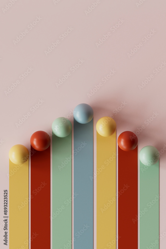 3D render of multi colored graph bars with spheres over pink background 3D render of multi colored graph bars with spheres over pink background