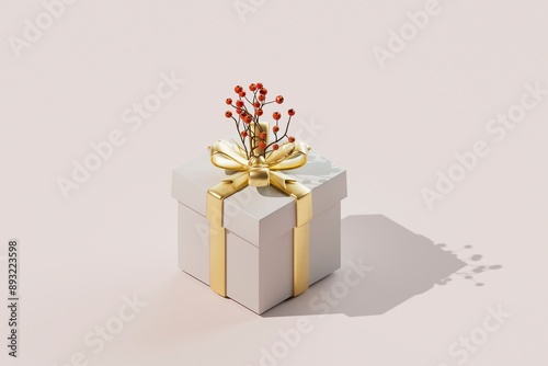 Elegant gift box wrapped in golden ribbon with artificial cherries kept over colored background photo