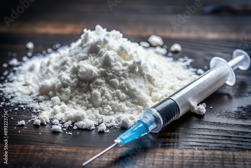 syringe and white cocaine powder. Drug addiction issue