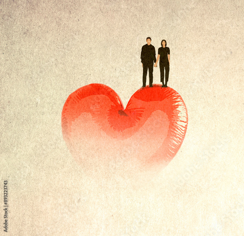 Illustration of couple standing on fading away oversized heart shape