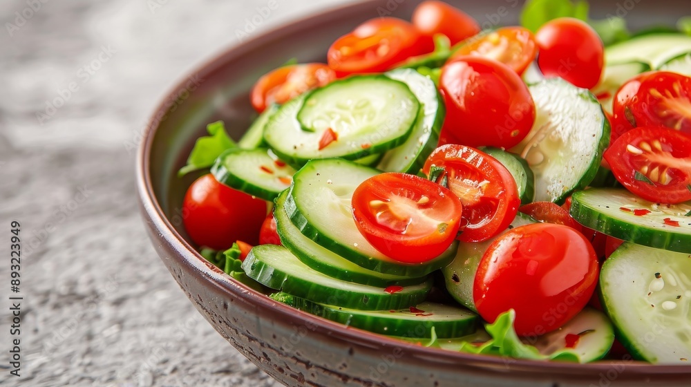 fresh and healthy cucumber and cherry tomato salad in a brown bowl on a grey background - a delicious and vibrant food photography image. fresh and healthy cucumber and cherry tomato salad in a brown bowl on a grey background - a delicious and vibrant food photography image.