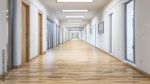 Contemporary high school corridor with light wooden floors and minimalist d?(C)cor