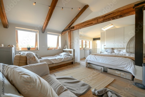 Luxury bedroom with wooden beams and white bedding. Northwest, USA